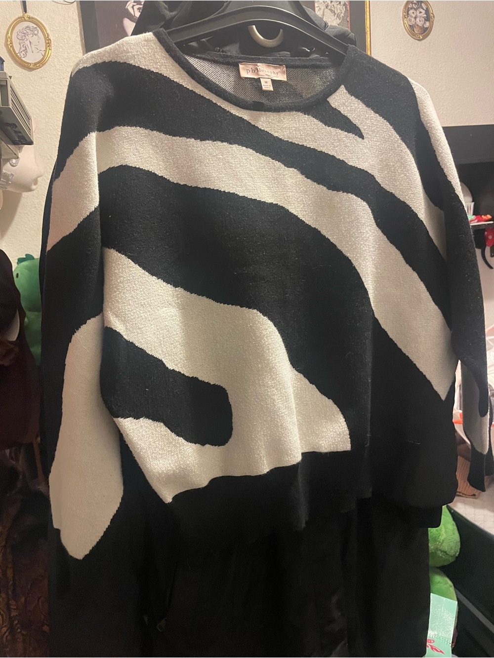 Philosophy Black and White Abstract Zebra Crewneck Sweater